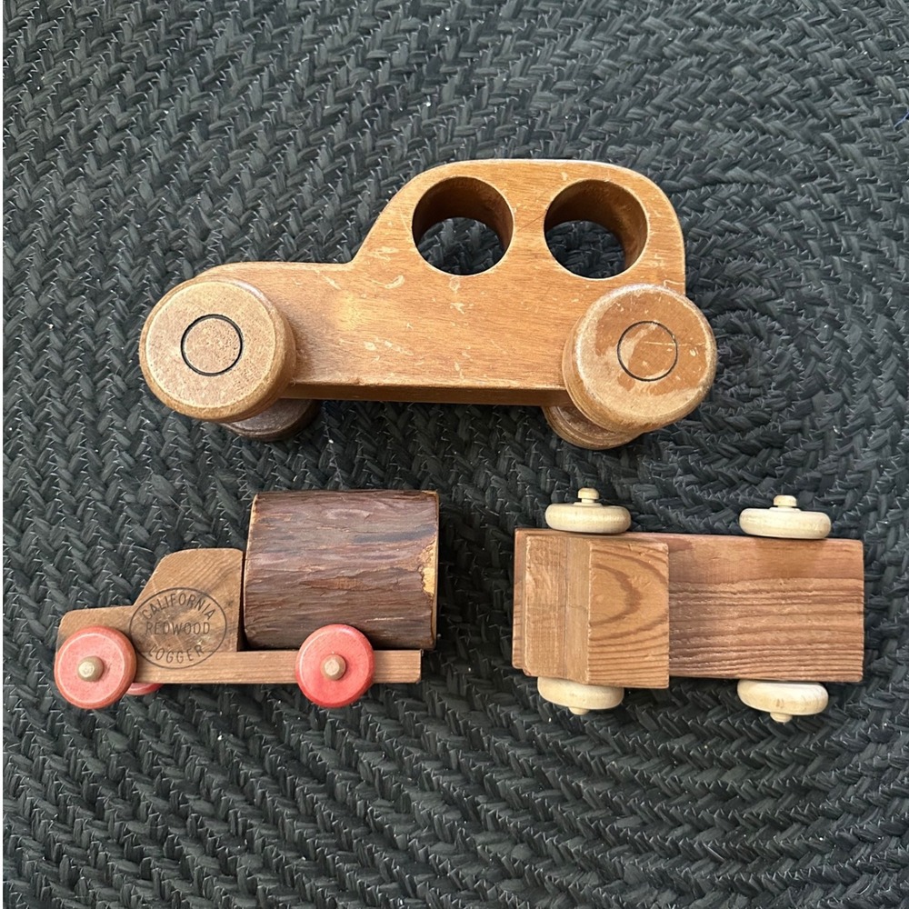 Vintage Primitive Handcrafted California Redwood Wooden Toy Car and Truck Set
